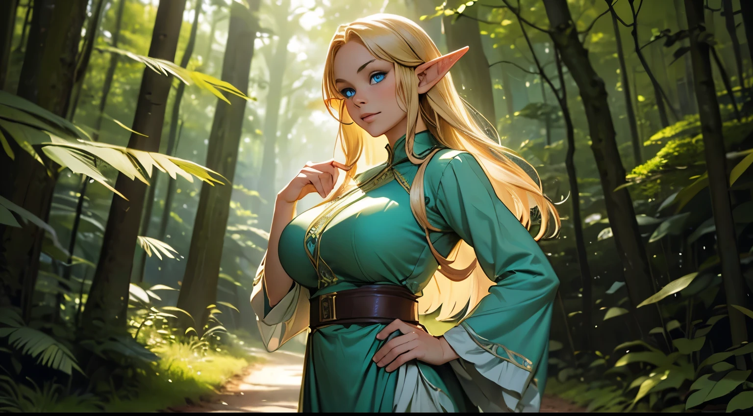 an elf with big breasts, blond hair and blue eyes, his pointed ears, His face expresses curiosity in a forest. She is wearing a green dress.