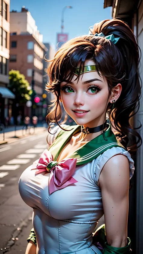 best quality, masterpiece, sailor_jupiter, brown ponytail, green eyes, pink bow, white gloves, choker, circlet, looking at viewe...