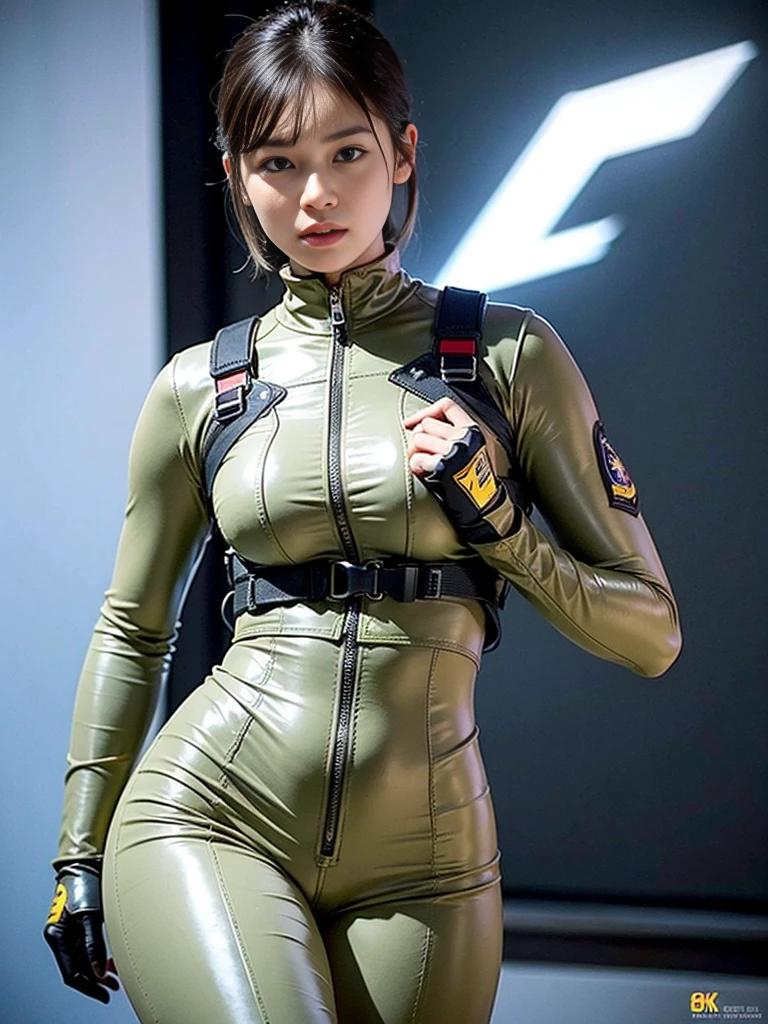 ((Best Quality,8k,UHD,masterpiece: 1.3)), ((Best Quality)), Realistic, Photorealism, Realistic, High resolution, A brave Japanese girl, Combat pose, Looking into the camera, (Detailed face), Short Hair, (Wearing a khaki rubber suit, Tactical Vest, Military Harness, Persimmon-colored gloves, High-tech headsets), (The fabric color is a gray-based twill.), Revealed thighs, gun, Fingers are blocked, Detailed electrical work bulletin board background,Earth Federation Emblem,Beautiful breasts,The zipper on the chest is open,Beautiful valley