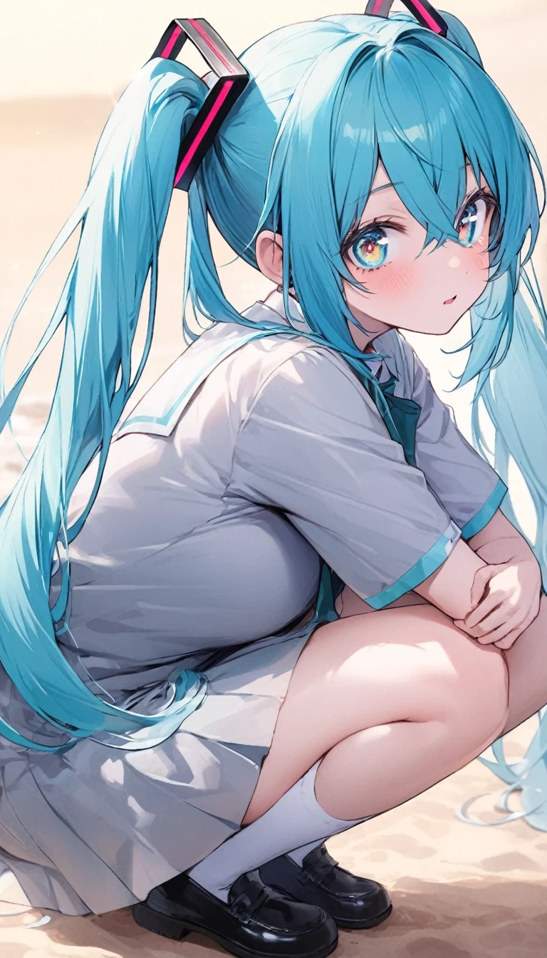 One Girl、Hatsune Miku, Looking sideways at the viewer、Tears from the eyes、From the side, Squatting with your knees hugged、 (Aqua Eye), (Beautiful detailed eyes: 1.8)、Sparkling Eyes、Aqua Hair, Crossed bangs, Hair between the eyes, Long Hair, Twin tails,school uniform , masterpiece、Best Quality、High resolution、Very detailed、Translucent white skin、beach、Pastel color background,Great graphics、