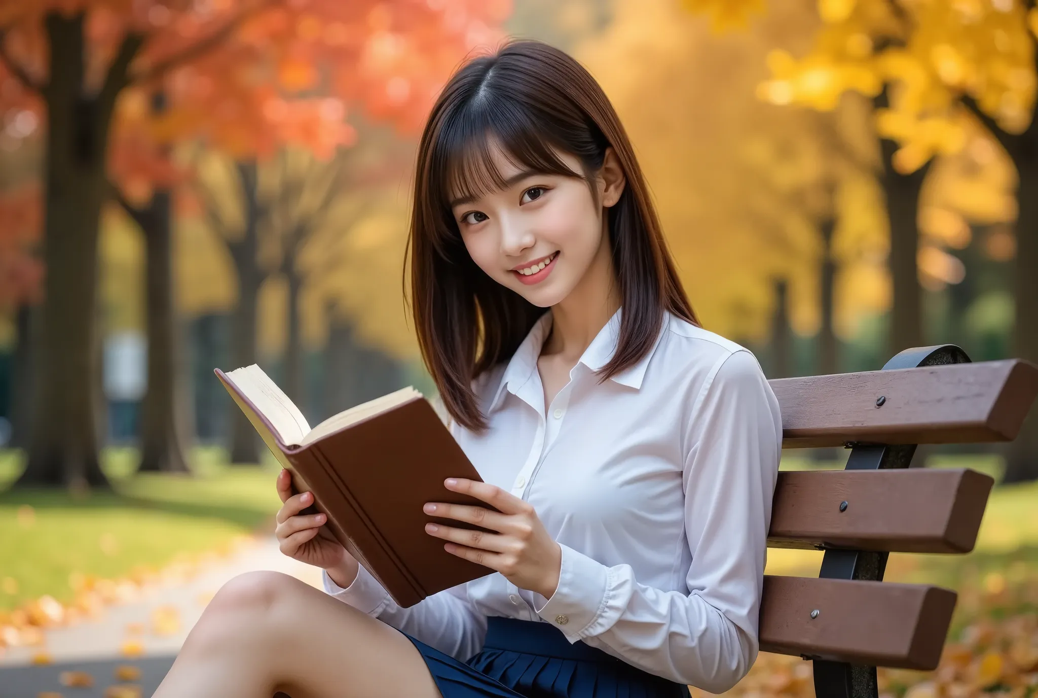 (masterpiece, best quality, ultra-realistic:1.2), one girl, beautiful autumn park with a bench、reading a book alone, 18 years ol...