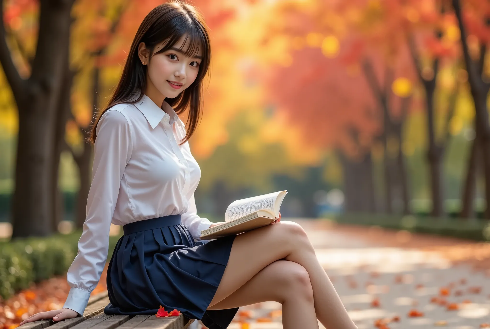 (masterpiece, best quality, ultra-realistic:1.2), one girl, beautiful autumn park with a bench、reading a book alone, 18 years ol...