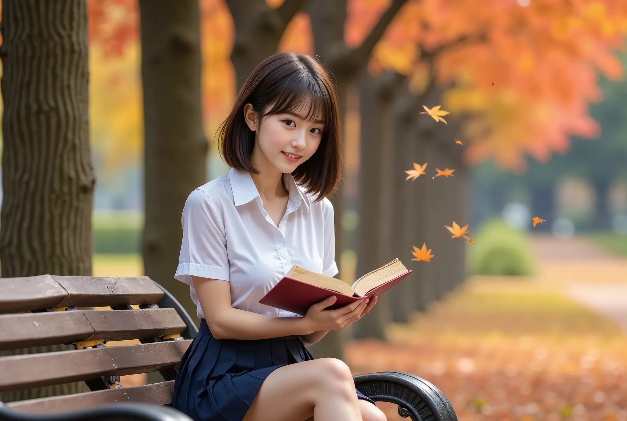 (masterpiece, best quality, ultra-realistic:1.2), one girl, beautiful autumn park with a bench、reading a book alone, 18 years ol...