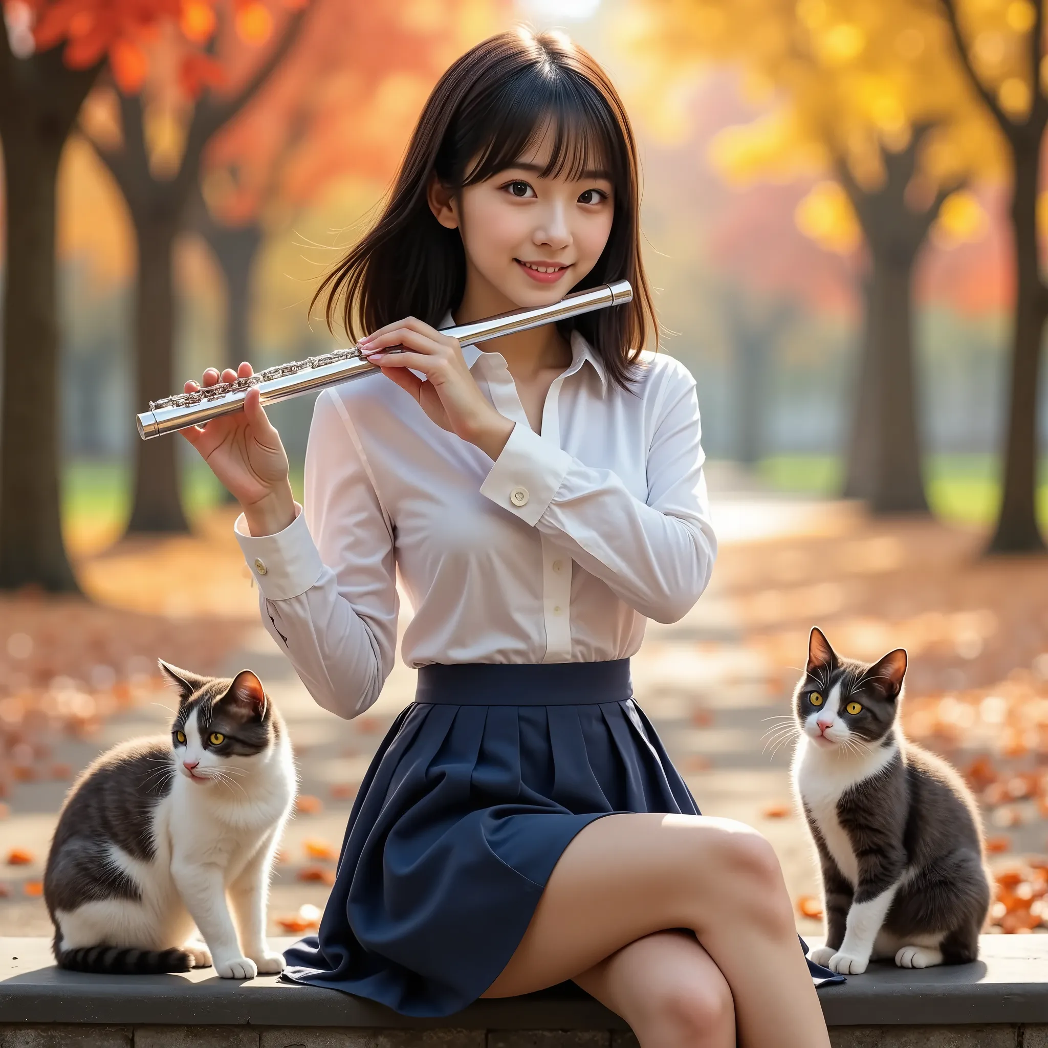 (masterpiece, best quality, ultra-realistic:1.2), one girl, playing the flute in a beautiful autumn park, 18 years old,   beauty...