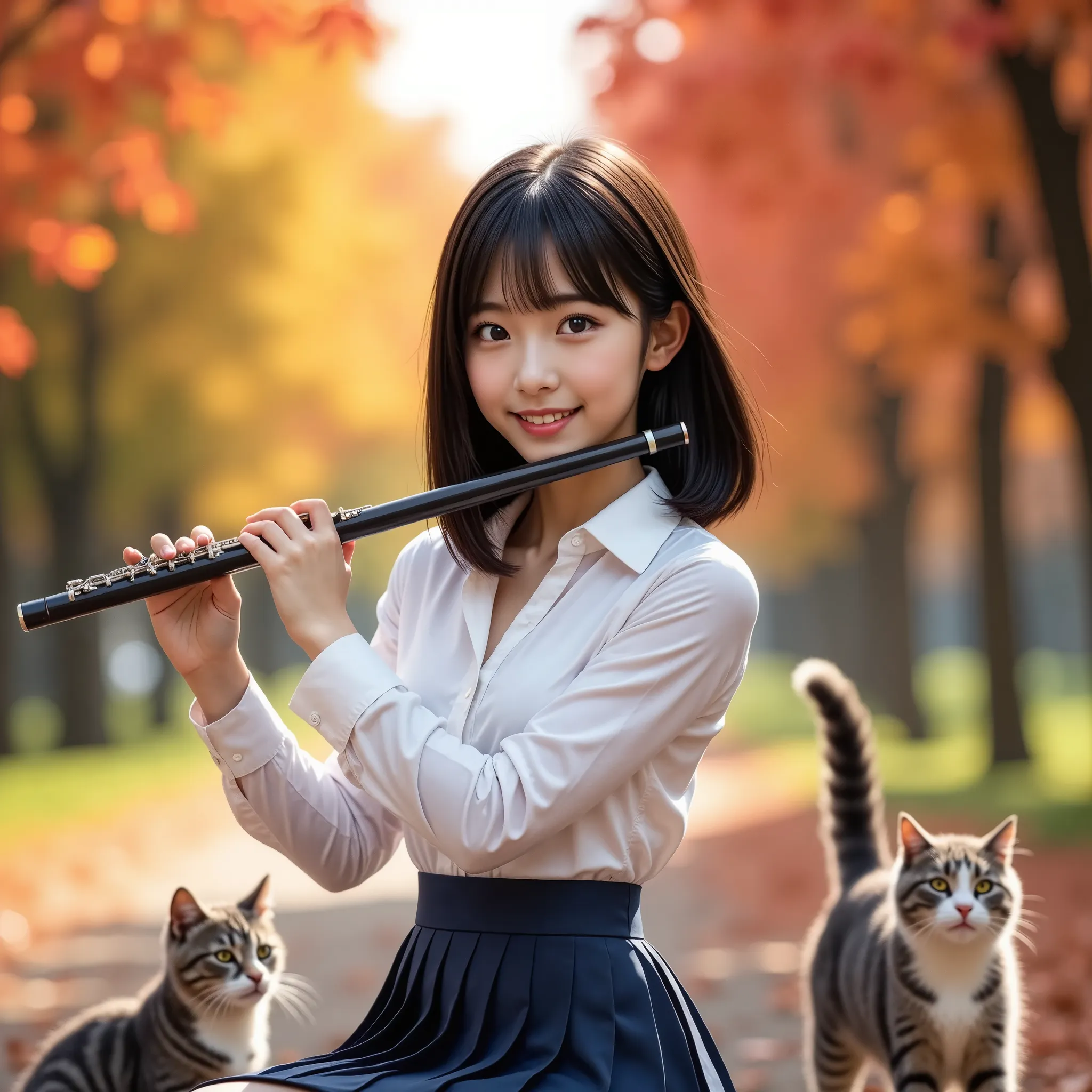 (masterpiece, best quality, ultra-realistic:1.2), one girl, playing the flute in a beautiful autumn park, 18 years old,   beauty...