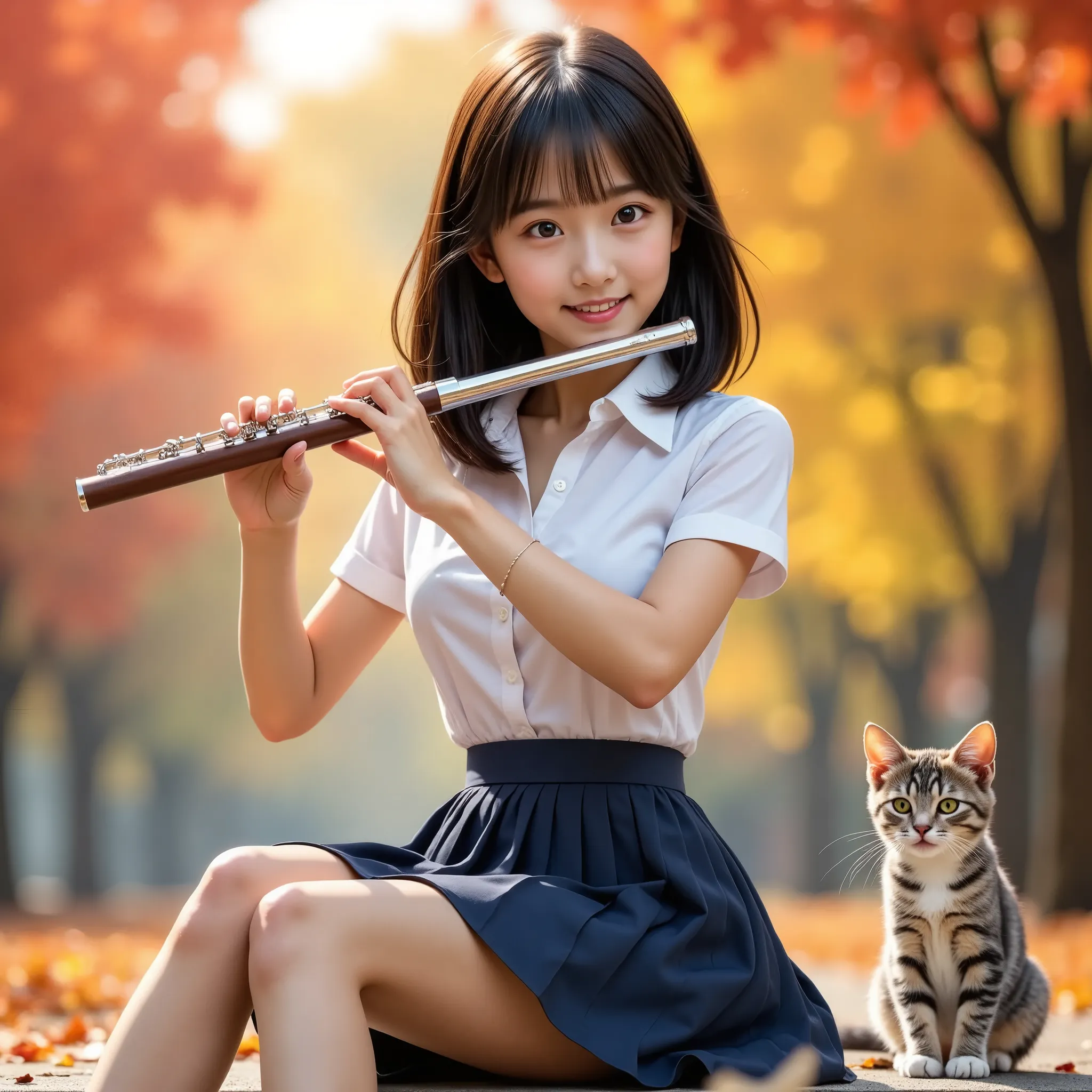 (masterpiece, best quality, ultra-realistic:1.2), one girl, playing the flute in a beautiful autumn park, 18 years old,   beauty...