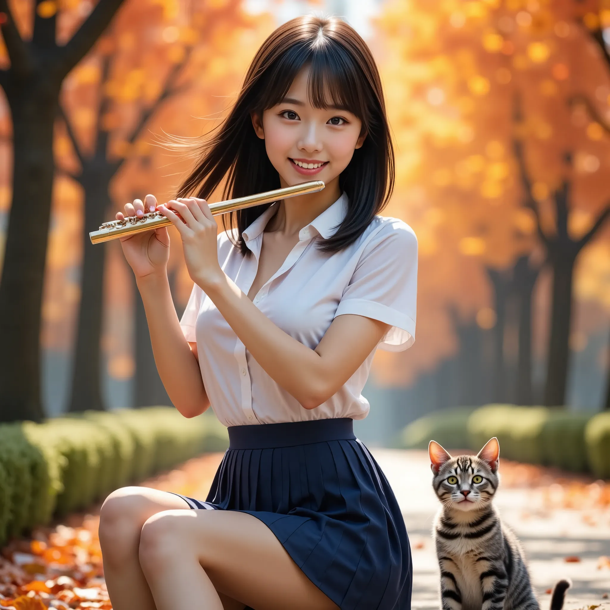 (masterpiece, best quality, ultra-realistic:1.2), one girl, playing the flute in a beautiful autumn park, 18 years old,   beauty...