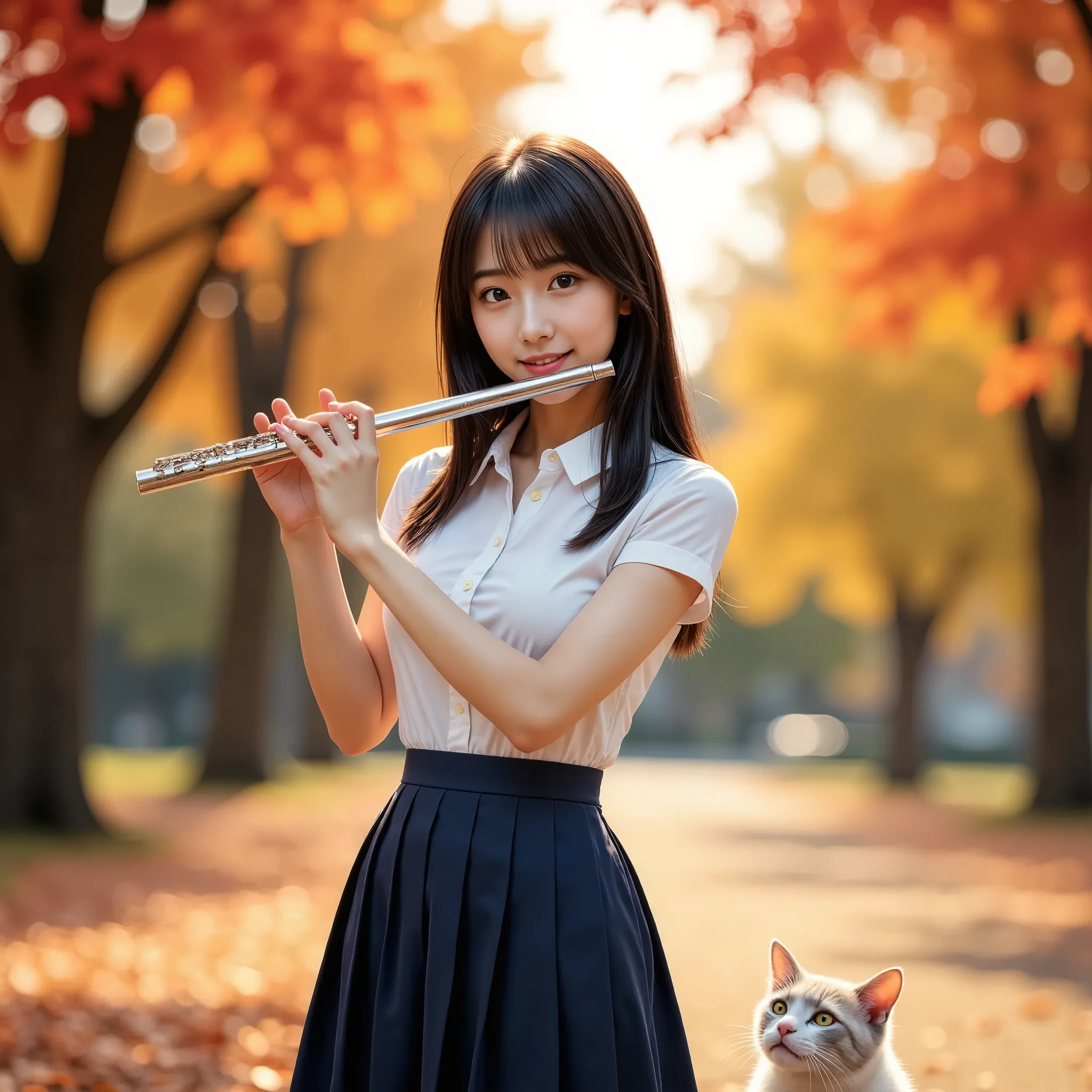 (masterpiece, best quality, ultra-realistic:1.2), one girl, standing and playing the flute in a beautiful autumn park, 18 years ...