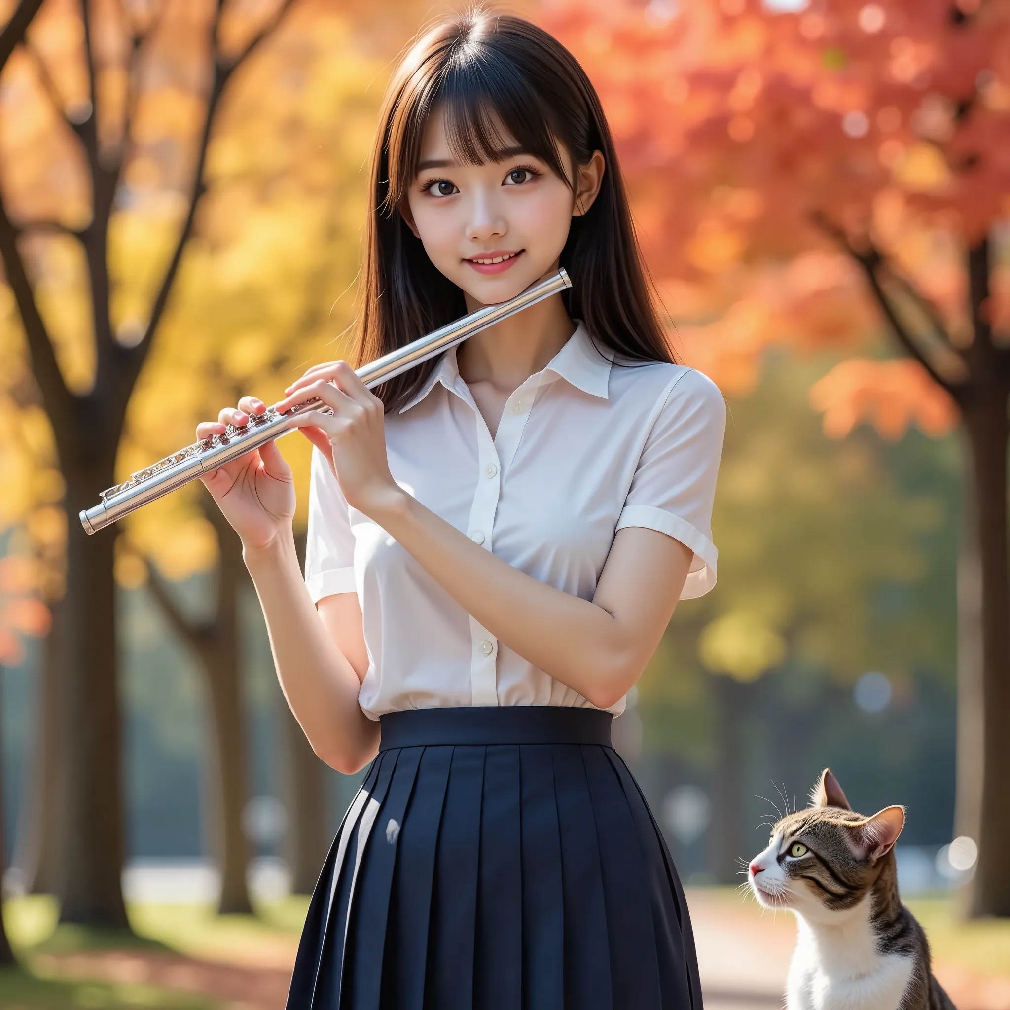 (masterpiece, best quality, ultra-realistic:1.2), one girl, standing and playing the flute in a beautiful autumn park, 18 years ...