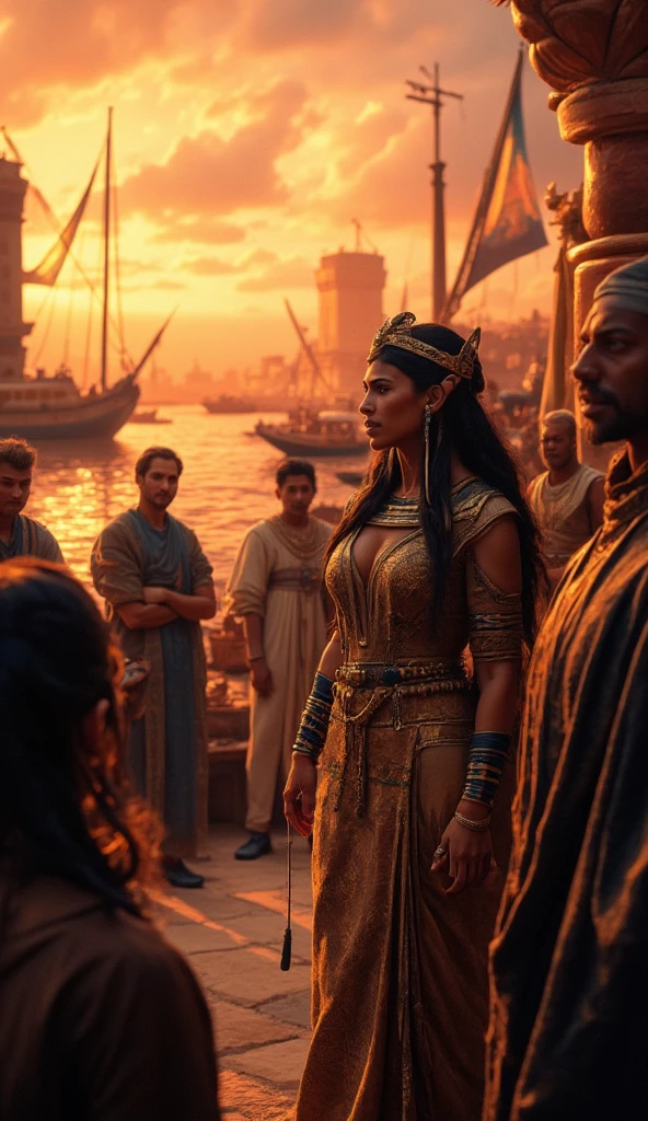 cinematic film still of Photorealism:1 Long time ago In ancient Egypt, A depiction of Hatshepsut at an Egyptian port, receiving merchants from distant lands. The scene includes boats loaded with exotic goods, such as spices and woods. Hatshepsut is negotiating with a smile, surrounded by her officials., Ancient style, historical style, movie themed, sharp, detailed, epic cinematic photography, artistic style, creative style, dramatic cinematic light, cinematic color style, Kodak motion picture film style, cinematography style, Egyptian mythology style, outdoors, sky, from behind, sunset, , sun, quiver, red sky, holding, scenery, shallow depth of field, vignette, highly detailed, high budget, bokeh, cinemascope, moody, epic, gorgeous, film grain, grainy, UHD, 4k, Ultra detailed.