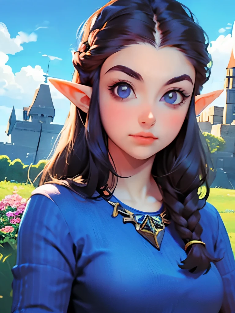 princess zelda, young zelda, oot, outdoors, looking at viewer, serious, medium shot, outside, castle courtyard, flowers, grass, blue sky, extreme detail