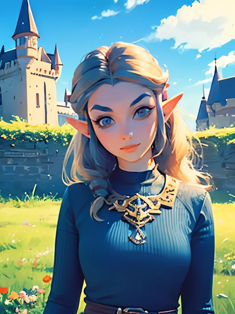 princess zelda, young zelda, oot, outdoors, looking at viewer, serious, medium shot, outside, castle courtyard, flowers, grass, blue sky, extreme detail