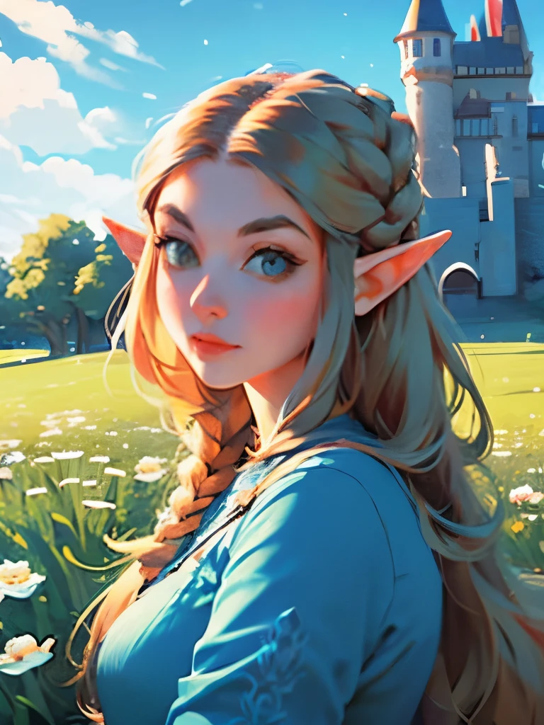 princess zelda, young zelda, oot, outdoors, looking at viewer, serious, medium shot, outside, castle courtyard, flowers, grass, blue sky, extreme detail