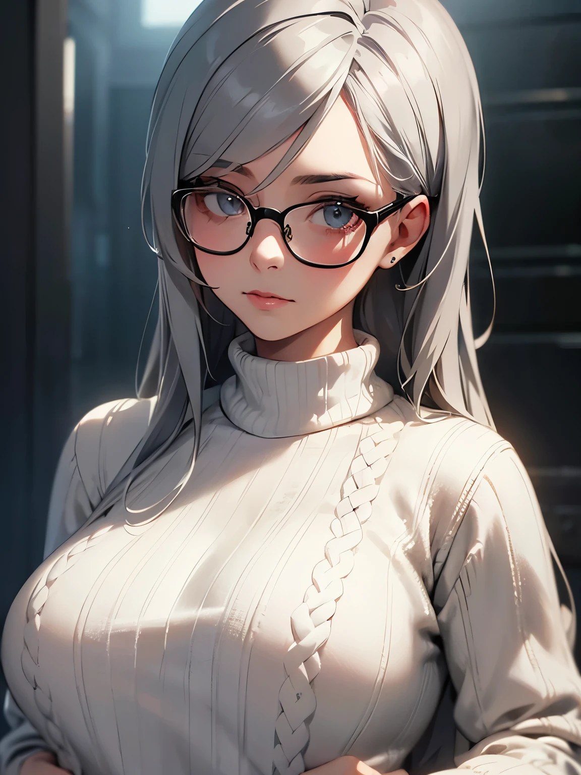 a beautiful woman with gray hair wearing glasses, a white knit sweater, realistic, photorealistic, masterpiece, ultra-detailed, 8k, best quality, extremely detailed, vivid colors, cinematic lighting, dramatic lighting, dramatic, elegant, sophisticated, serene, calm, peaceful