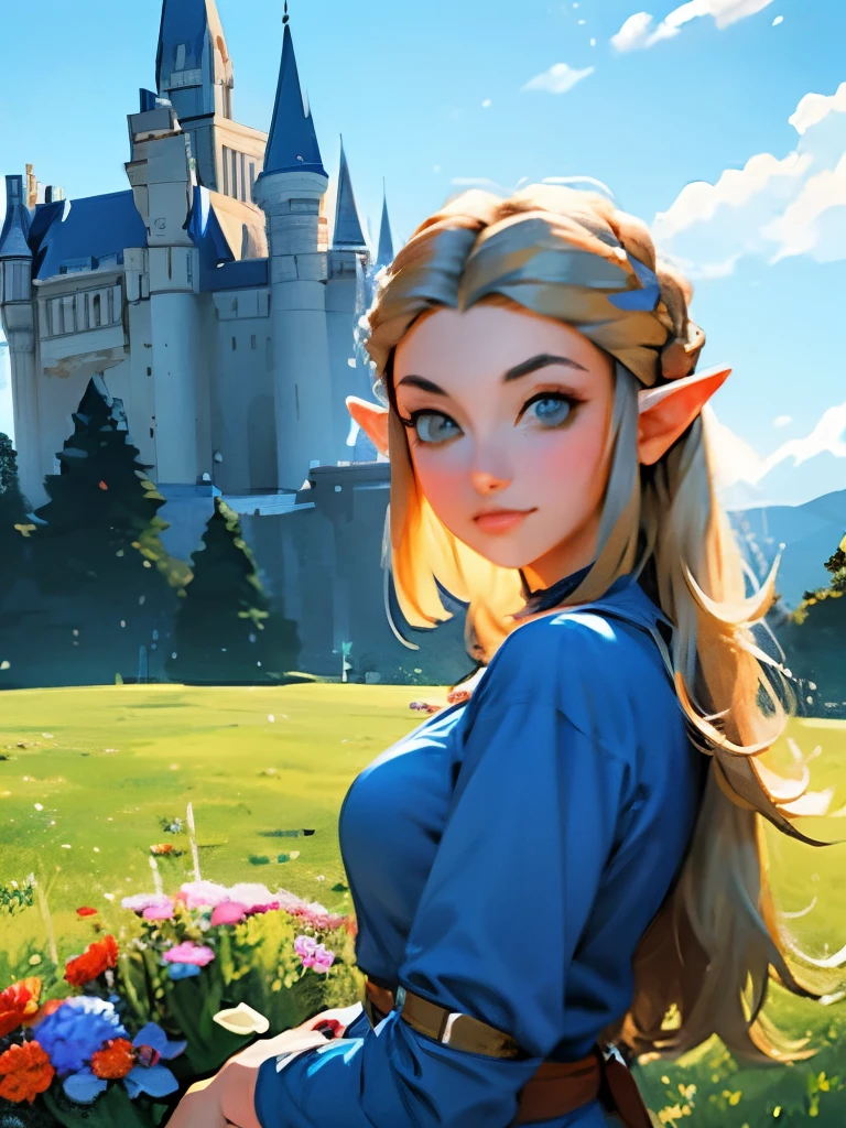 princess zelda, young zelda, oot, outdoors, looking at viewer, serious, medium shot, outside, castle courtyard, flowers, grass, blue sky, extreme detail