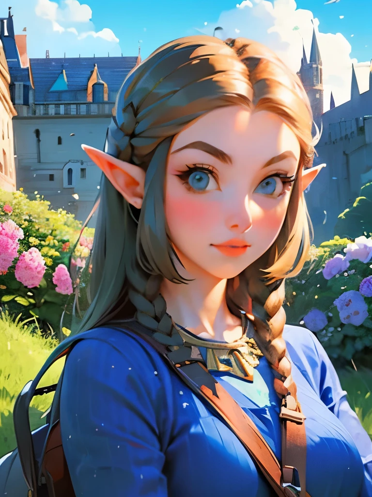 princess zelda, young zelda, oot, outdoors, looking at viewer, serious, medium shot, outside, castle courtyard, flowers, grass, blue sky, extreme detail