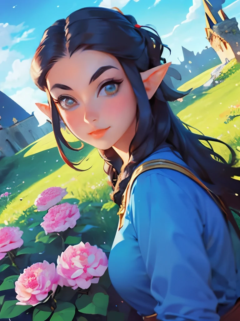 princess zelda, young zelda, oot, outdoors, looking at viewer, serious, medium shot, outside, castle courtyard, flowers, grass, blue sky, extreme detail