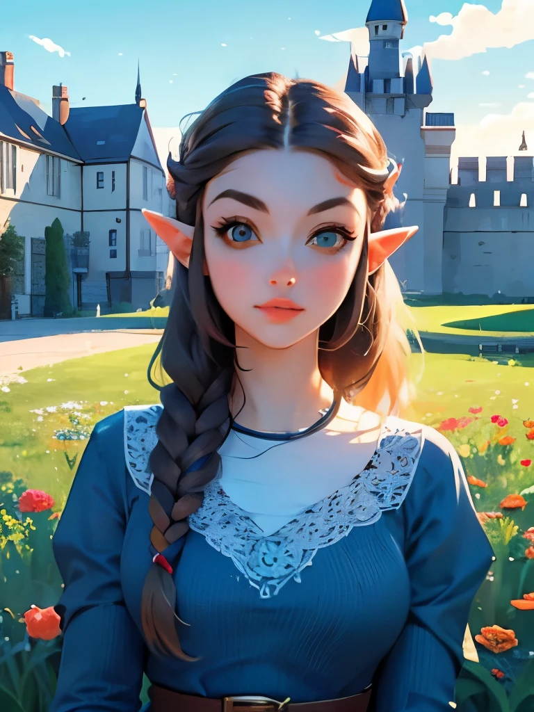 princess zelda, young zelda, oot, outdoors, looking at viewer, serious, medium shot, outside, castle courtyard, flowers, grass, blue sky, extreme detail