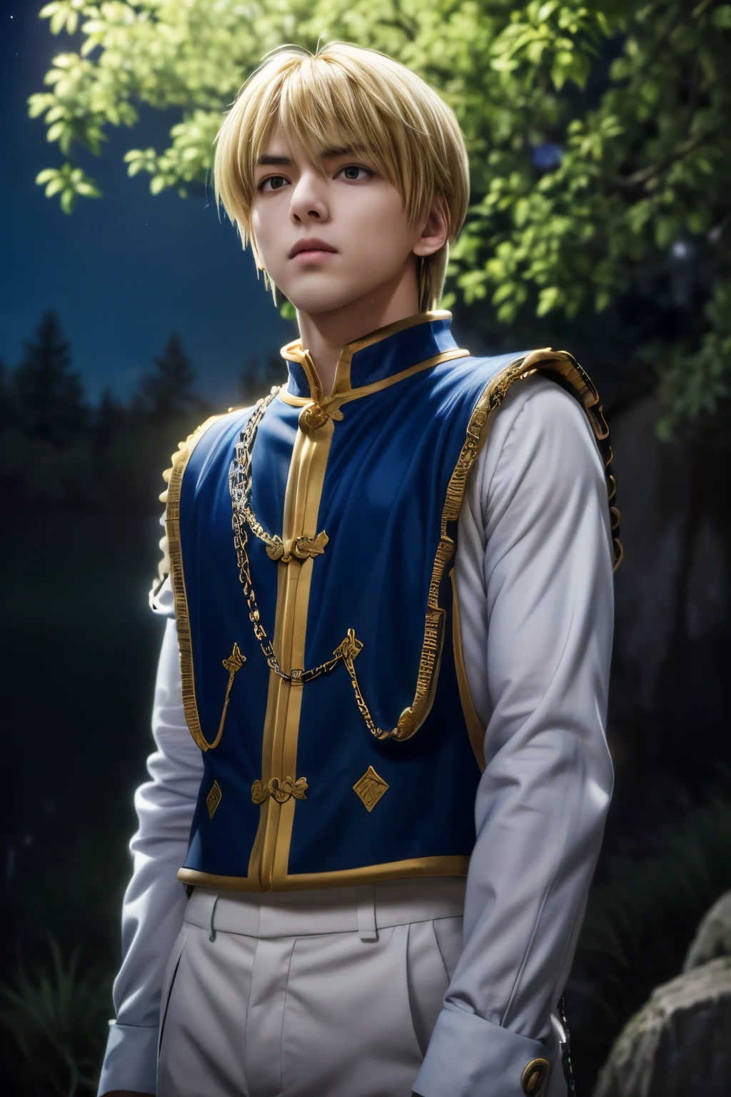 1boy, masterpiece, realistic, absurdres, best quality, high resolution, (Kurapika), japanese boy, very handsome, perfect face, cute face, intricate detail, clear and beautiful detailed eyes, messy blonde short hair, shiny hair, bangs, blue tabard, white shirt, white pants, gold trim, holdig a chain, chains flying, slim muscular, handsome muscle, detailed skin, perfect hand, good anatomy, looking at camera, action scene, dynamic pose, fantasy, night, tree, Moonlight at night, wilderness, flowers, skynight, studio lighting, soft light, upper body portrait, front view, Professional photography, 8K UHD,