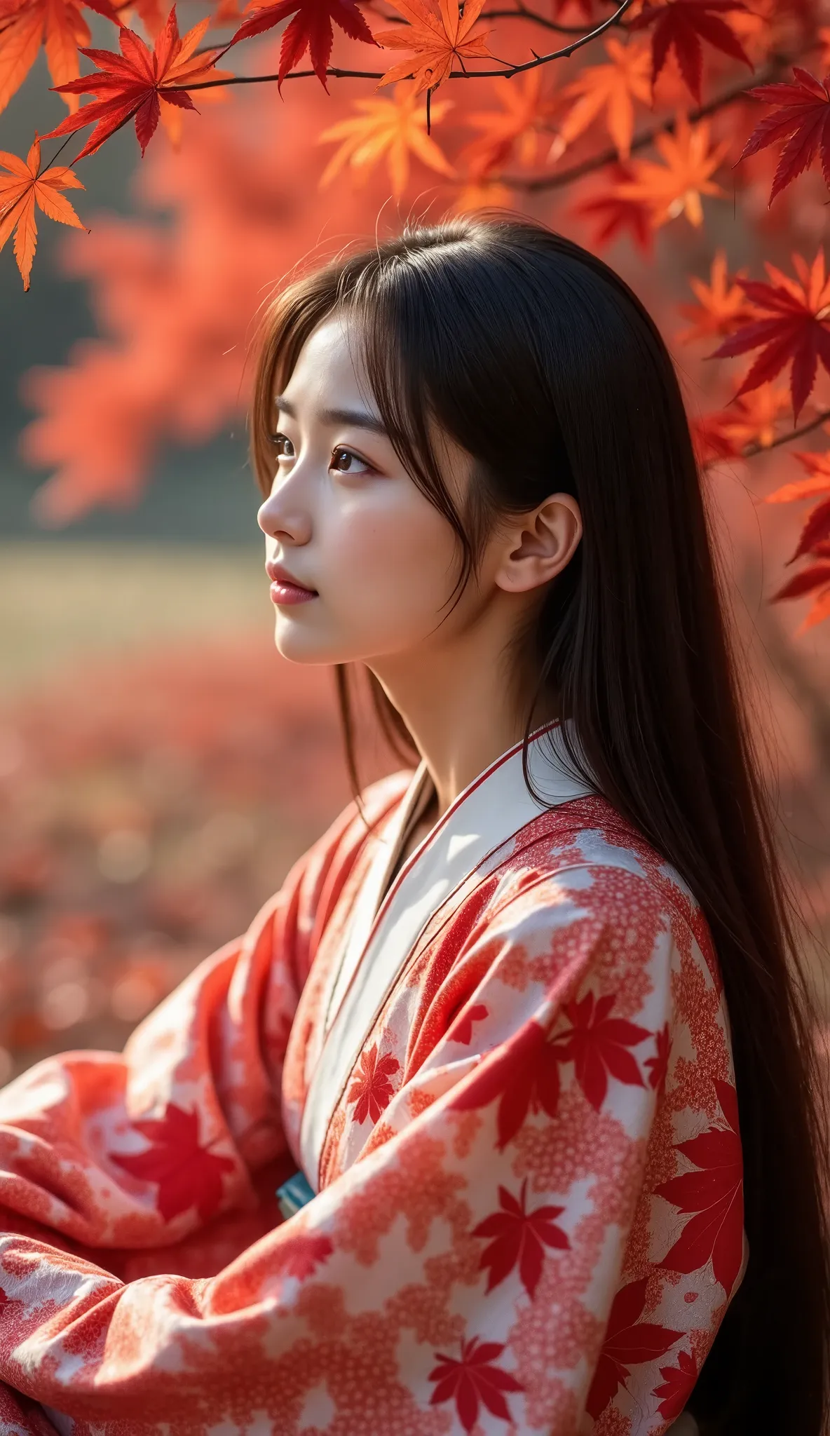 realistic portrait of a young woman in traditional kimono, sitting gracefully in a landscape of vibrant red maple leaves. autumn...