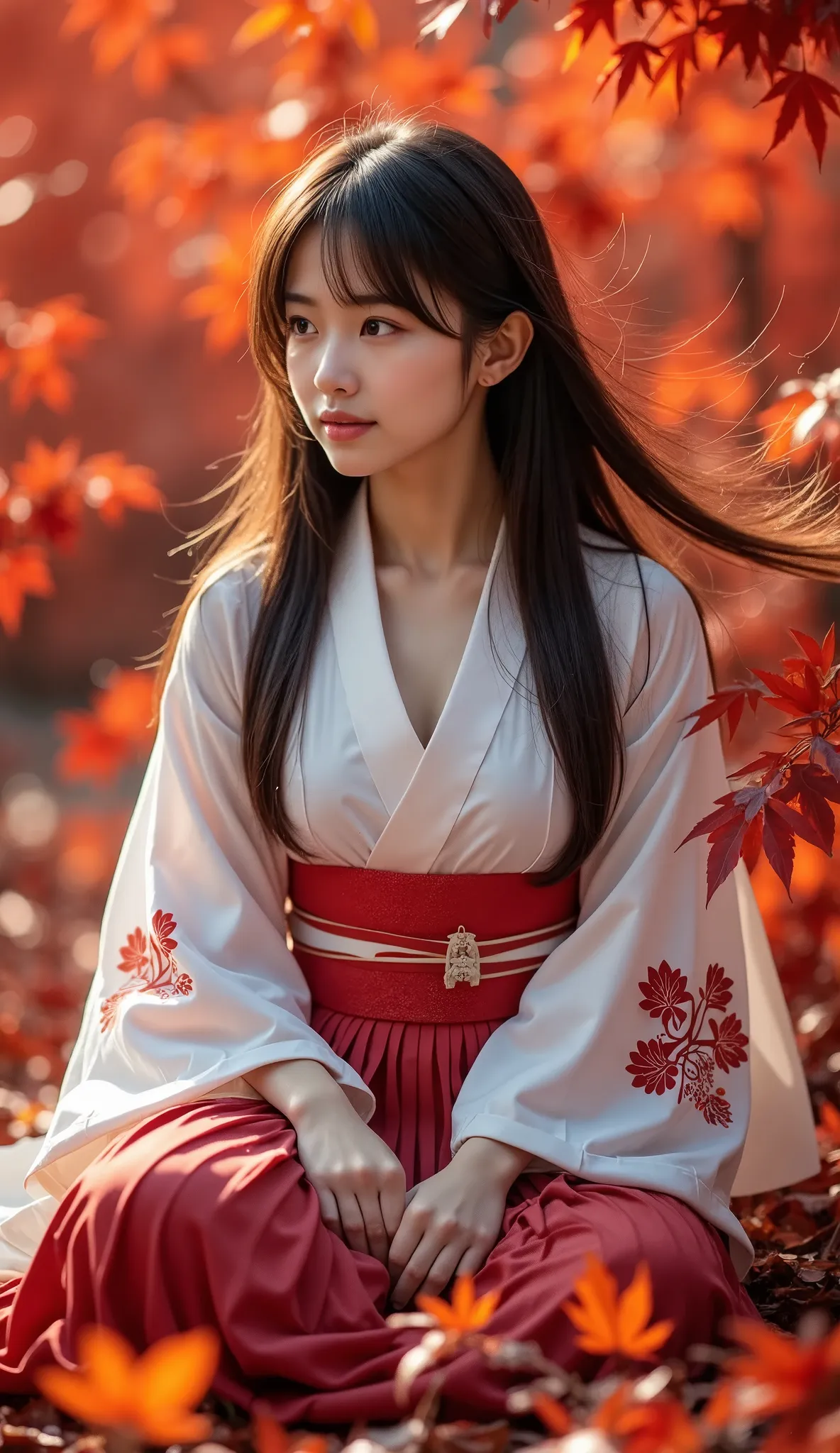 realistic portrait of a young woman in traditional kimono, sitting gracefully in a landscape of vibrant red maple leaves. autumn...