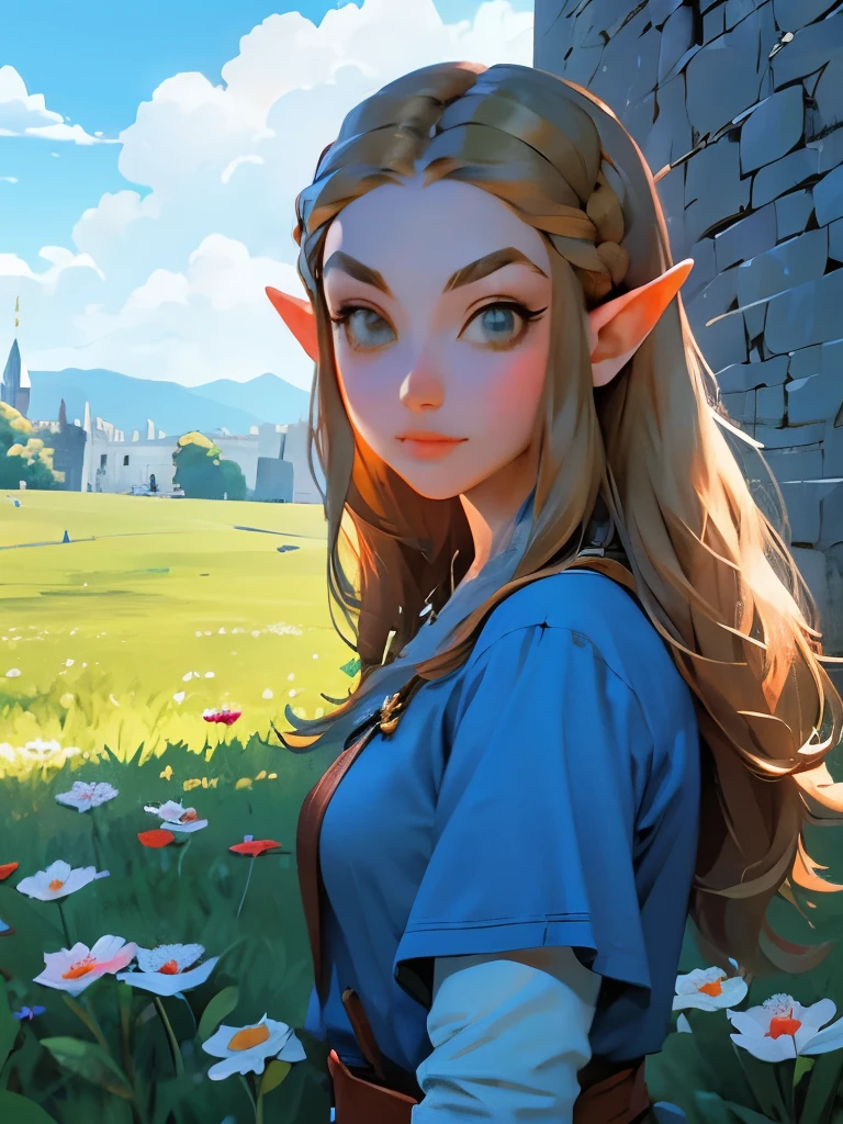 princess zelda, young zelda, oot, outdoors, looking at viewer, serious, medium shot, outside, castle courtyard, flowers, grass, blue sky, extreme detail