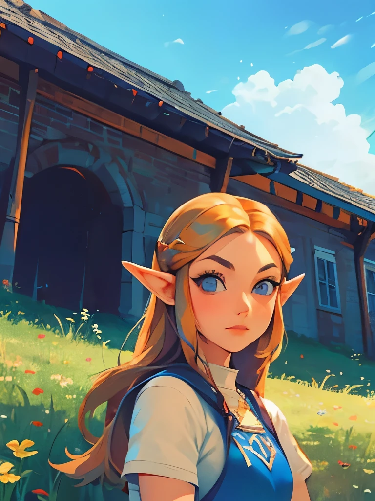 princess zelda, young zelda, oot, outdoors, looking at viewer, serious, medium shot, outside, castle courtyard, flowers, grass, blue sky, extreme detail