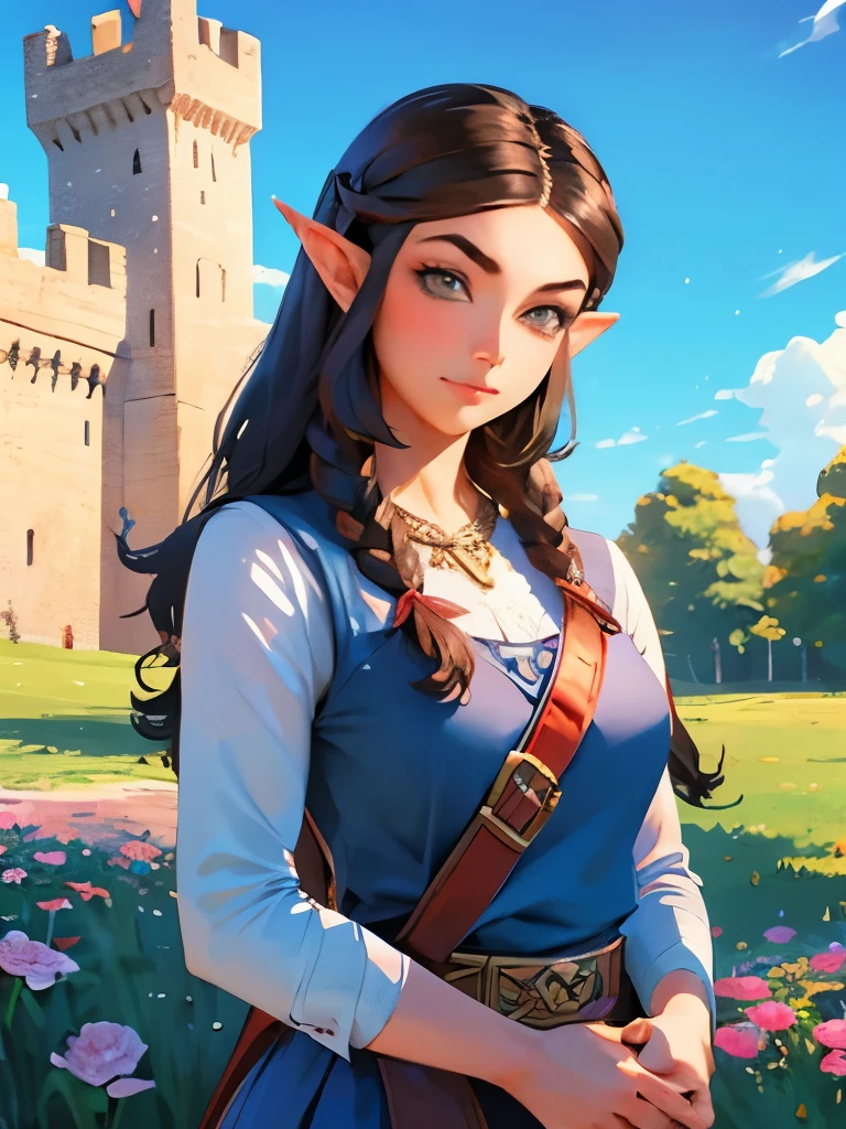 princess zelda, young zelda, oot, outdoors, looking at viewer, serious, medium shot, outside, castle courtyard, flowers, grass, blue sky, extreme detail