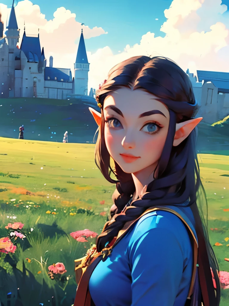 princess zelda, young zelda, oot, outdoors, looking at viewer, serious, medium shot, outside, castle courtyard, flowers, grass, blue sky, extreme detail