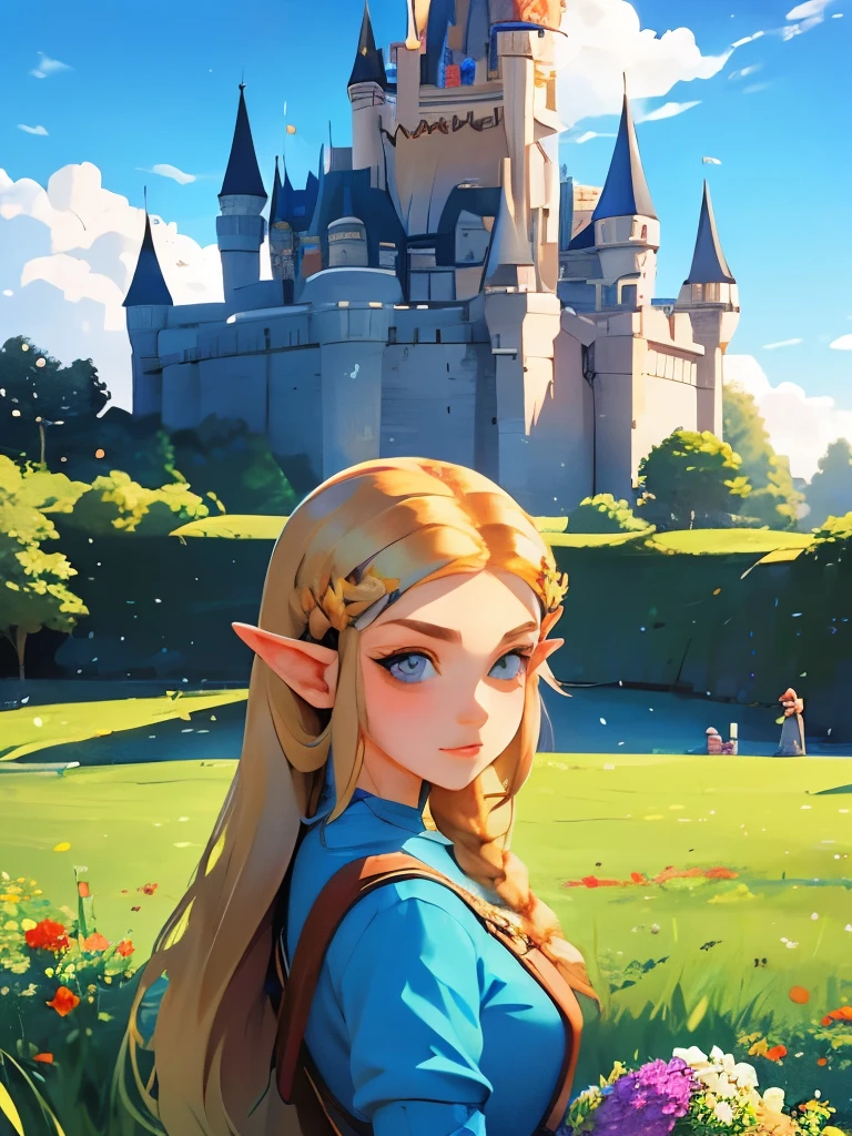 princess zelda, young zelda, oot, outdoors, looking at viewer, serious, medium shot, outside, castle courtyard, flowers, grass, blue sky, extreme detail