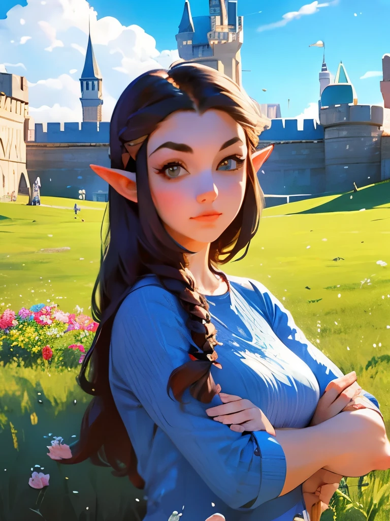 princess zelda, young zelda, oot, outdoors, looking at viewer, serious, medium shot, outside, castle courtyard, flowers, grass, blue sky, extreme detail