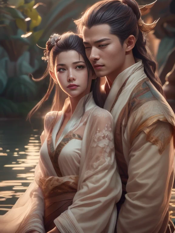 (Best Quality, Super Detail, Masterpiece, Representative Work, Official Art, Professional, Super Fine Detail, 8k:1.3), (photorealism:1.2), (Couple, Beautiful Girl and Boy), A couple in the sea of flowers, Handsome guy hugs beautiful girl from behind, Smiling and Wearing White Clothes, Delicate Hair, Chinese Beauty and Handsome Man, Wearing Ancient Chinese Clothes, Flowing Tulle, Light Silk, Create a movie poster similar to those used in Chinese romantic fantasy dramas, Correct proportions, Perfect face, perfect hands, Sweet atmosphere, Photorealistic, Sharp Focus, Dreamy Atmosphere, Delicate Details, Soft Volumetric Light, (Backlight:1.3), (Cinematic:1.2), Intricate Details, (ArtStation:1.3)