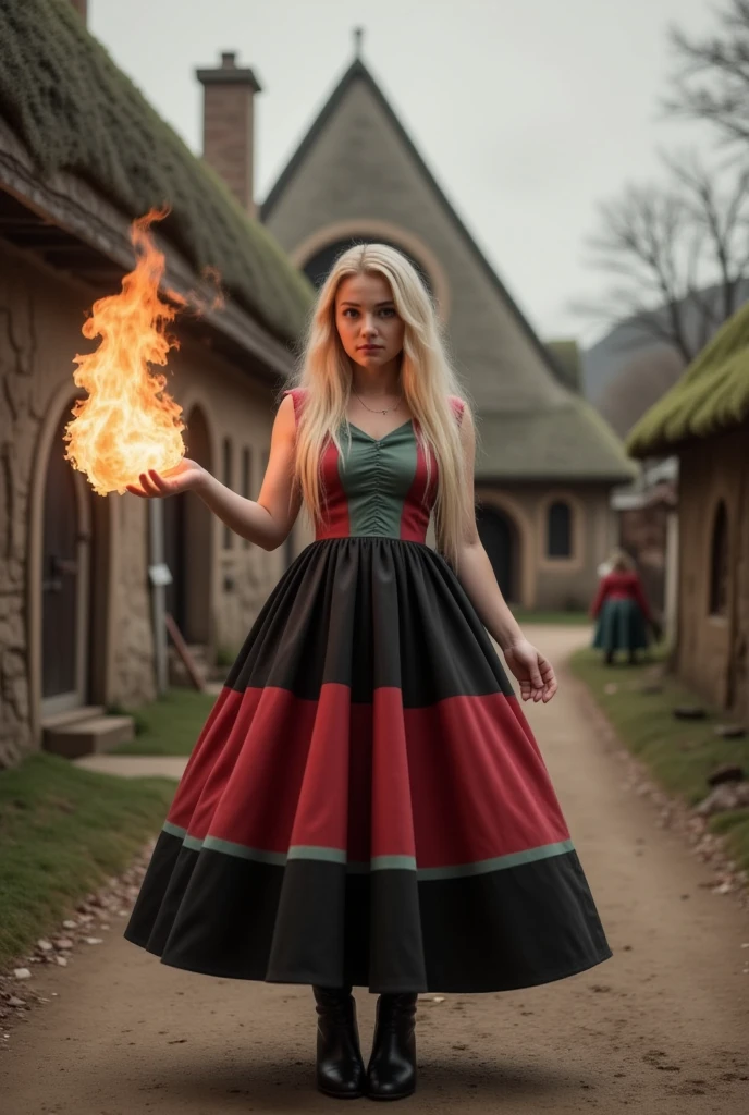 a beautiful sorceress with long blond hair dressed in a magical red and black robe casts a fireball in a dynamic pose against the background of a picturesque hobbit village, concentration, cold atmosphere, a bizarre mix of colors