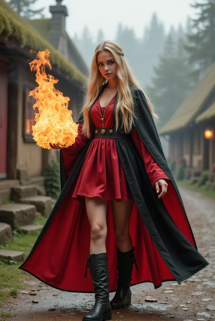 a beautiful concentrated sorceress with long blond hair dressed in a red and black mage robe and boots casts a fireball in a dyn...