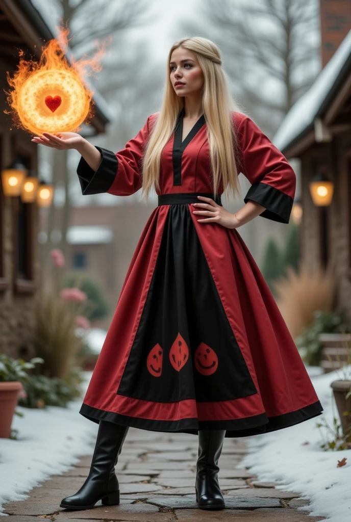 a beautiful concentrated sorceress with long blond hair dressed in a red and black mage robe and boots casts a fireball in a dynamic battle pose against the background of a picturesque hobbit village, cold atmosphere, an intricate mix of colors