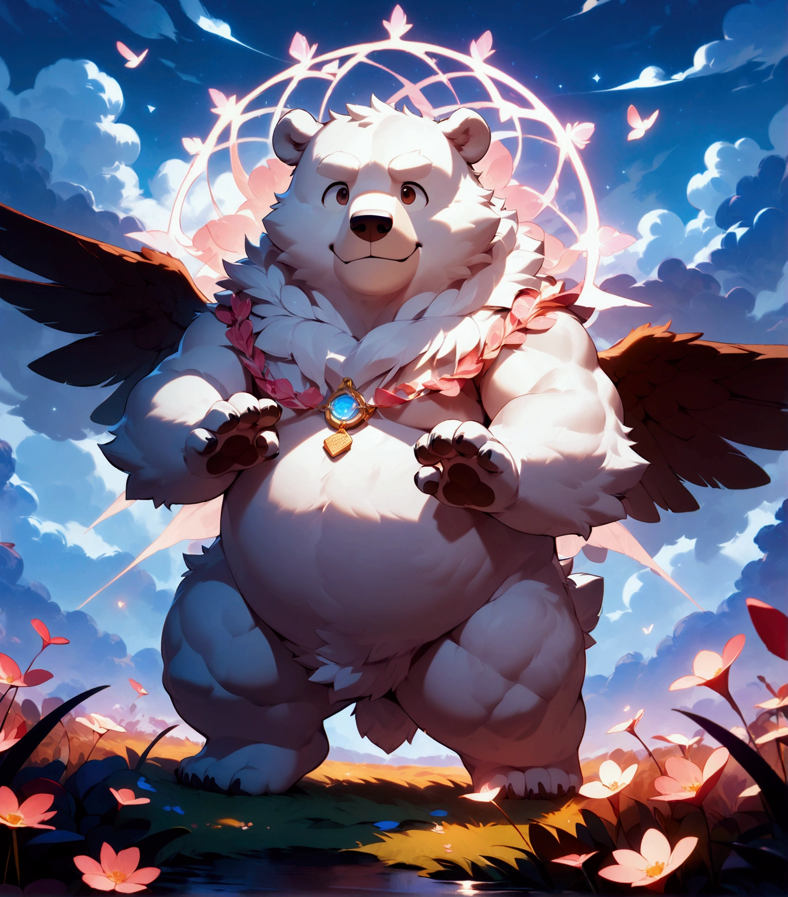 chibi, angel, plump middle-aged polar bear man, complete anatomy, angel wings, full body in Michelangelo Buonarroti style, digital illustration anime, character focus, 1boy, full body, looking away, dynamic angle, BREAK happy, light smile, rushing wind, hold with both hands quantum electromagnetic life form sacred sphere, spinning fly, cute pose, detailed painting landscape, twilight, kaleidoscopic swirls, outdoor, BREAK complete anatomy, perfect proportions, beautiful thigh gap, fluffy body, intricate fur details, beautiful fur texture, BREAK detailed bear tail, detailed toe, 5toes, 5toes nails, beautiful foot, BREAK detailed hands, 5fingers, 5fingers nails, BREAK cute face, aesthetic anime face, insanity detailed face, male face, big face, square jawline, aesthetic anime eyes, detailed brown eyes, detailed brown cornea, detailed dark brown irises, detailed pupils, male eyes, big eyes, male eyebrows, innocent look, beautiful beard, BREAK masterpiece, official art, best quality, very aesthetic, absurdres, super fine illustration, great quality, BREAK noise reduction, very highres, large filesize, high quality, 32K, 8k wallpaper, dynamic lighting, BREAK insanity detailed, ultra detailed, intricate details, extremely detailed, detailed texture, an extremely delicate and beautiful, full color, HDR, BREAK e621 uncut tag, Fur Affinity illustration, osukemo, kemohomo, anthropomorphic, furry, cartoon, harmonious, pastoral, virtuous atmosphere 