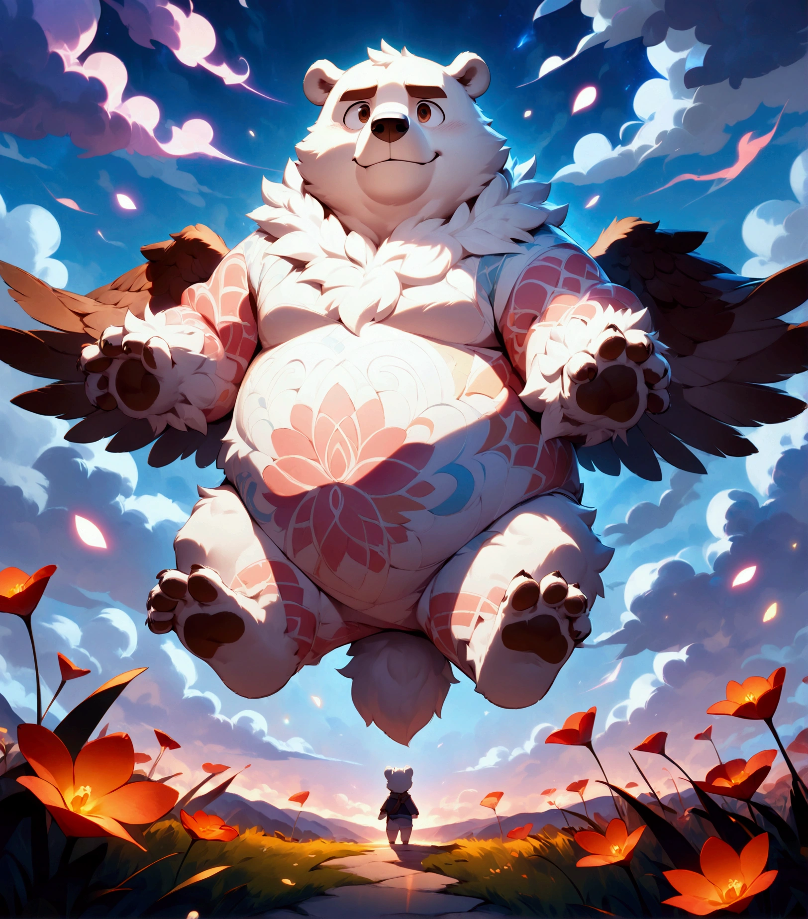 chibi, angel, plump middle-aged polar bear man, complete anatomy, angel wings, full body in Michelangelo Buonarroti style, digital illustration anime, character focus, 1boy, full body, looking away, dynamic angle, BREAK happy, light smile, rushing wind, hold with both hands quantum electromagnetic life form sacred sphere, spinning fly, cute pose, detailed painting landscape, twilight, kaleidoscopic swirls, outdoor, BREAK complete anatomy, perfect proportions, beautiful thigh gap, fluffy body, intricate fur details, beautiful fur texture, BREAK detailed bear tail, detailed toe, 5toes, 5toes nails, beautiful foot, BREAK detailed hands, 5fingers, 5fingers nails, BREAK cute face, aesthetic anime face, insanity detailed face, male face, big face, square jawline, aesthetic anime eyes, detailed brown eyes, detailed brown cornea, detailed dark brown irises, detailed pupils, male eyes, big eyes, male eyebrows, innocent look, beautiful beard, BREAK masterpiece, official art, best quality, very aesthetic, absurdres, super fine illustration, great quality, BREAK noise reduction, very highres, large filesize, high quality, 32K, 8k wallpaper, dynamic lighting, BREAK insanity detailed, ultra detailed, intricate details, extremely detailed, detailed texture, an extremely delicate and beautiful, full color, HDR, BREAK e621 uncut tag, Fur Affinity illustration, osukemo, kemohomo, anthropomorphic, furry, cartoon, harmonious, pastoral, virtuous atmosphere 