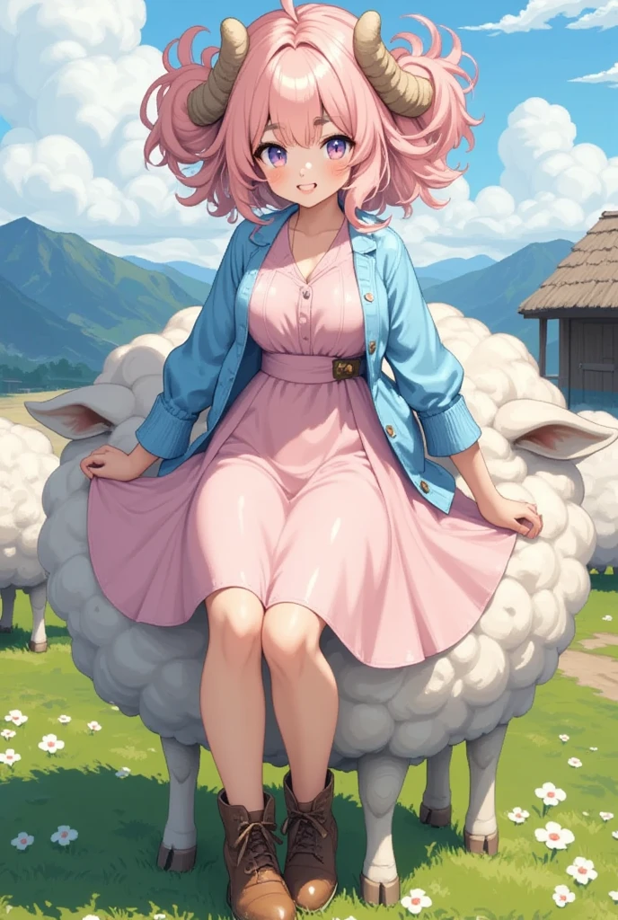 (Best Quality, High resolution, Super detailed), Sheep, Young woman, hair\(sheep wool\), Pink Hair, Fluffy hair, Thick eyebrows, Pink dress, Sky blue cardigan, Brown boots, Riding a sheep