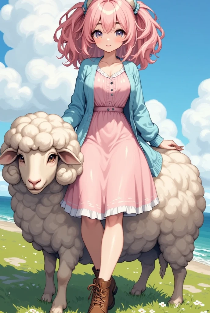 (Best Quality, High resolution, Super detailed), Sheep, Young woman, hair\(sheep wool\), Pink Hair, Fluffy hair, Thick eyebrows, Pink dress, Sky blue cardigan, Brown boots, Riding a sheep