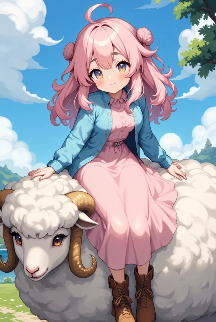 (Best Quality, High resolution, Super detailed), Sheep, Young woman, hair\(sheep wool\), Pink Hair, Fluffy hair, Thick eyebrows, Pink dress, Sky blue cardigan, Brown boots, Riding a sheep