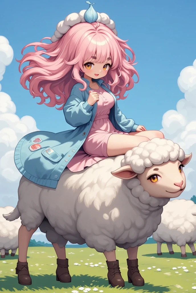 (Best Quality, High resolution, Super detailed), Sheep, Young woman, hair\(sheep wool\), Pink Hair, Fluffy hair, Thick eyebrows, Pink dress, Sky blue cardigan, Brown boots, Riding a sheep