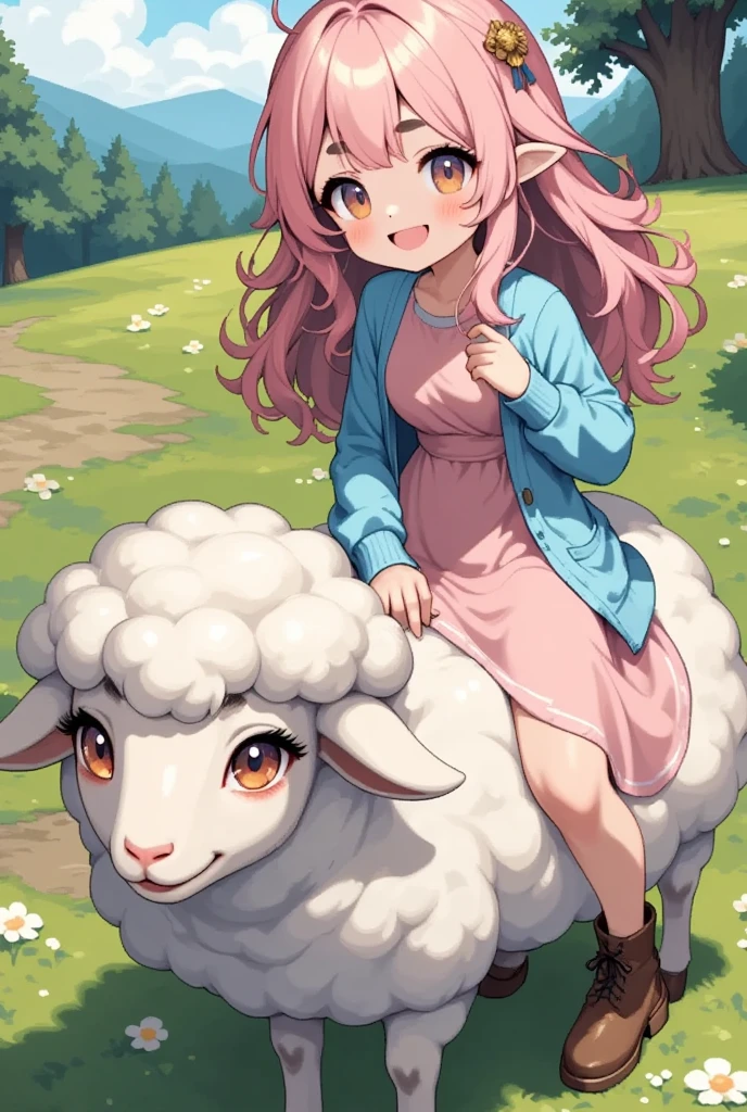 (Best Quality, High resolution, Super detailed), Sheep, Young woman, hair\(sheep wool\), Pink Hair, Fluffy hair, Thick eyebrows, Pink dress, Sky blue cardigan, Brown boots, Riding a sheep