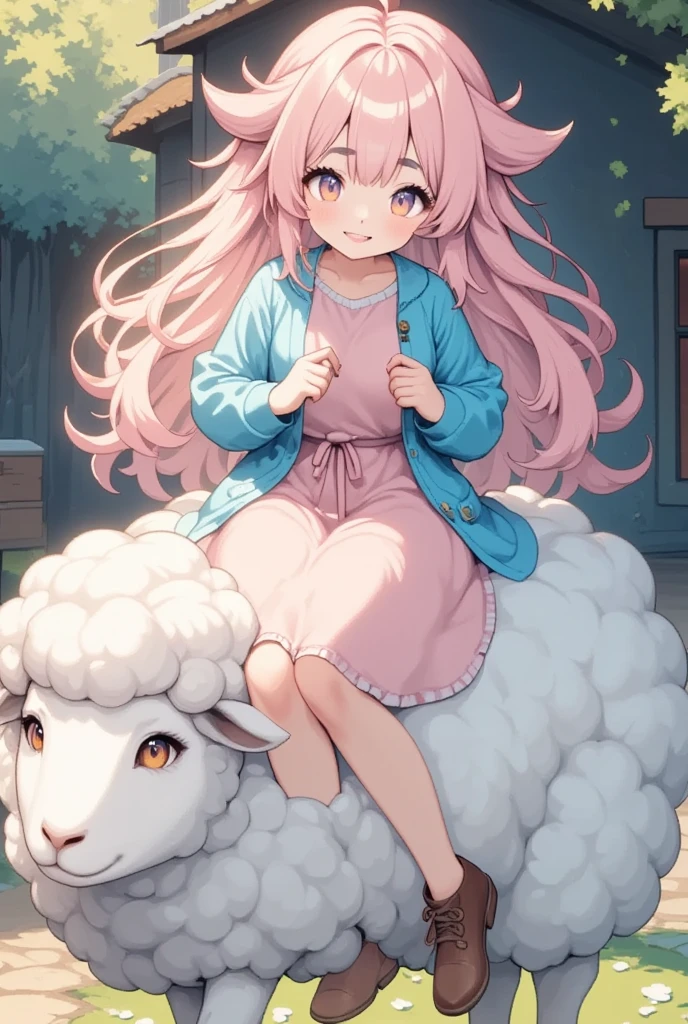 (Best Quality, High resolution, Super detailed), Sheep, Young woman, hair\(sheep wool\), Pink Hair, Fluffy hair, Thick eyebrows, Pink dress, Sky blue cardigan, Brown boots, Riding a sheep