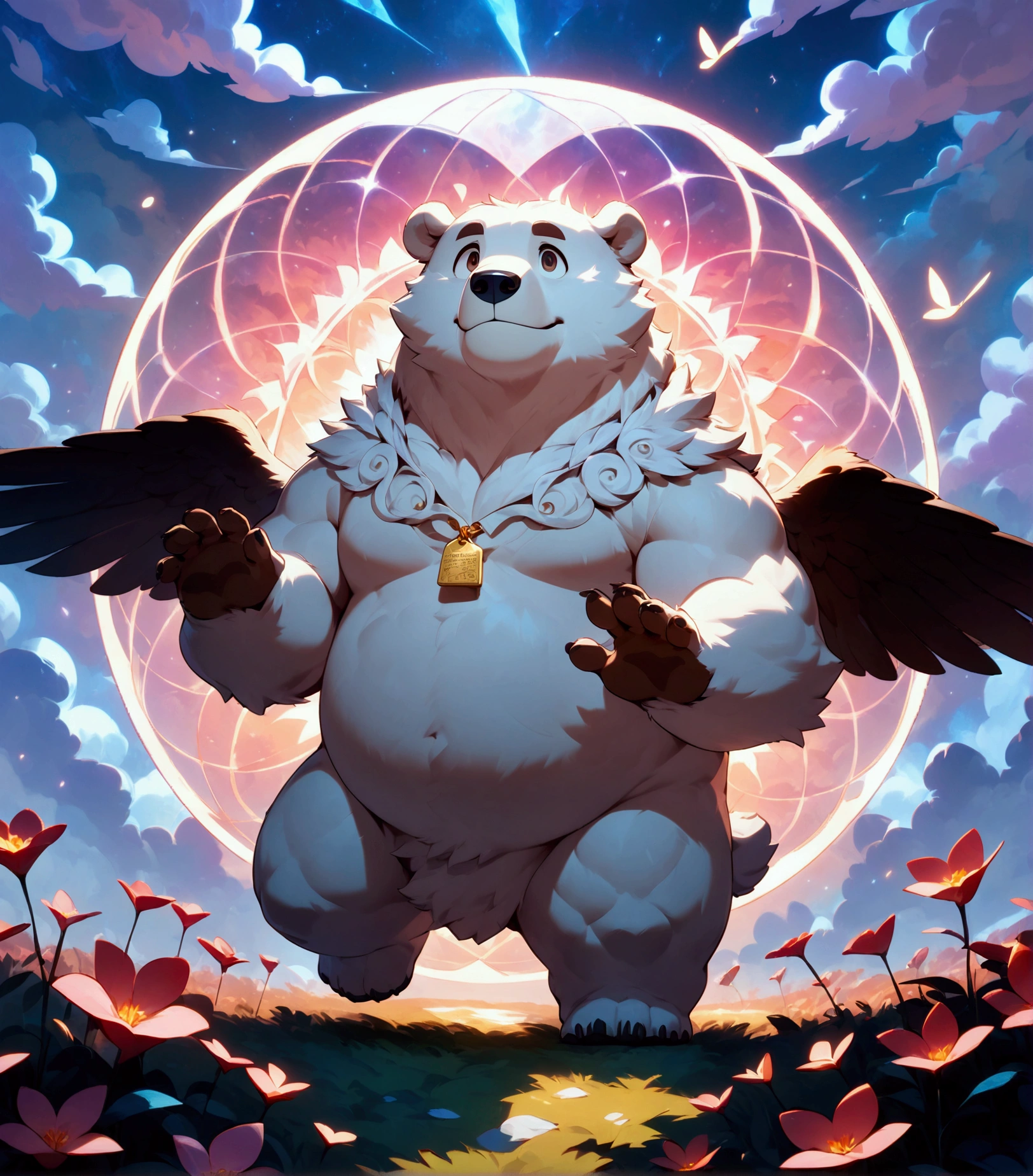 chibi, angel, a plump middle-aged polar bear man, angel wings, full body in Michelangelo Buonarroti style, digital illustration anime, character focus, full body, looking away, dynamic angle, BREAK happy, light smile, rushing wind, hold with both hands quantum electromagnetic life form sacred sphere, spinning fly, cute pose, detailed painting landscape, twilight, kaleidoscopic swirls, outdoor, BREAK complete anatomy, perfect proportions, beautiful thigh gap, fluffy body, intricate fur details, beautiful fur texture, BREAK detailed bear tail, detailed toe, 5toes, 5toes nails, beautiful foot, detailed hands, 5fingers, 5fingers nails, BREAK cute face, aesthetic anime face, insanity detailed face, male face, big face, square jawline, aesthetic anime eyes, detailed brown eyes, detailed brown cornea, detailed dark brown irises, detailed pupils, male eyes, big eyes, male eyebrows, innocent look, beautiful beard, BREAK masterpiece, official art, best quality, very aesthetic, absurdres, super fine illustration, great quality, BREAK noise reduction, very highres, large filesize, high quality, 32K, 8k wallpaper, dynamic lighting, BREAK insanity detailed, ultra detailed, intricate details, extremely detailed, detailed texture, an extremely delicate and beautiful, full color, HDR, BREAK e621 uncut tag, Fur Affinity illustration, osukemo, kemohomo, anthropomorphic, furry, cartoon, harmonious, pastoral, virtuous atmosphere 