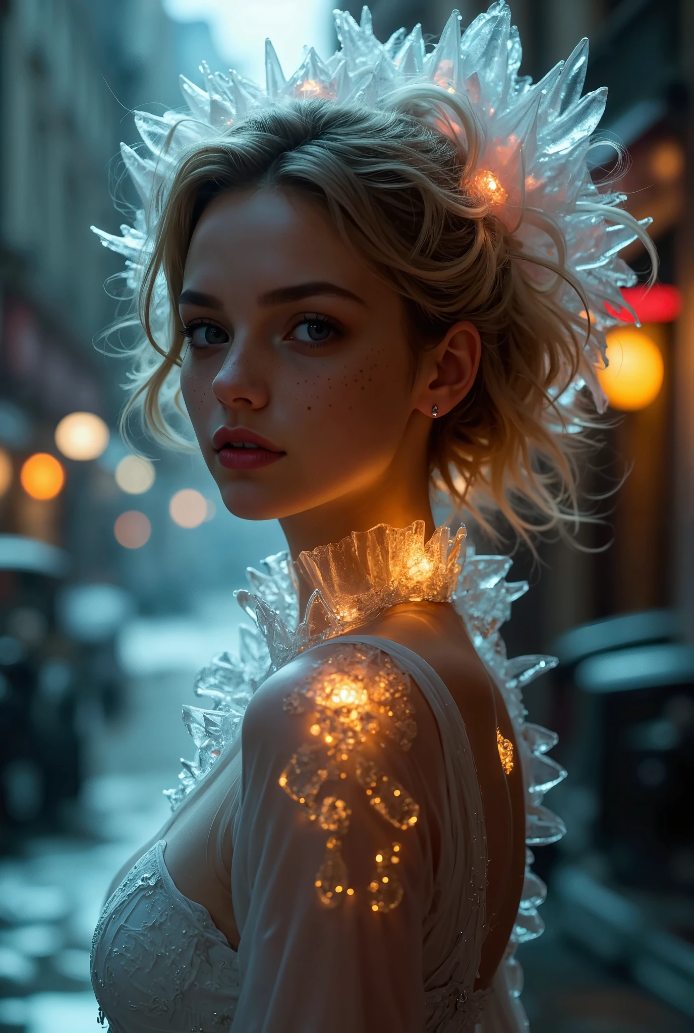 A glowing woman encased in ice, her hair made entirely of intricate ice formations that shimmer with ethereal light. The scene is set against a dark background, creating a surreal and otherworldly atmosphere. Intense beams of light pierce through the ice, casting dramatic reflections and highlights that accentuate her frozen form. The lighting is soft yet dramatic, illuminating the woman's face and the detailed textures of the ice surrounding her. The digital artwork is rendered in ultra-high resolution, capturing every delicate crack and frost detail with stunning clarity. The piece combines surrealism with hyper-realistic textures, blending the glowing woman’s radiant energy with the cold, glassy surfaces of ice, creating an atmospheric and hauntingly beautiful composition.