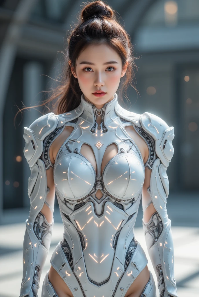 The beauty is wearing a white mecha with dazzling lights，(Best quality, Details, masterpiece, , 4K, Chiaroscuro，Photos are super realistic, Highly detailed Canon video )