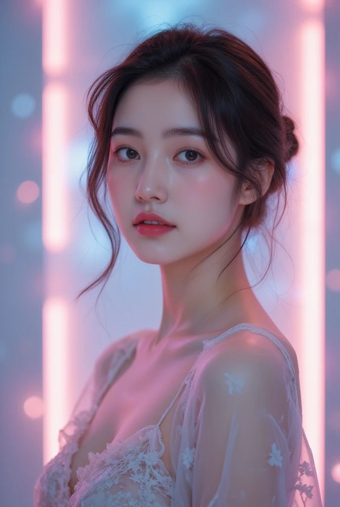 masterpiece, Best quality, (1 woman), Super detailed, [Subtle details, high resolution, 8K Picture Quality, Ultra HD, Perfect dynamic composition, Beautiful delicate eyes,  Natural lips, Orange and White Floral Braid Dress, Super short hair, Abstract Background, Very shy, Diffused neon lights in the background,