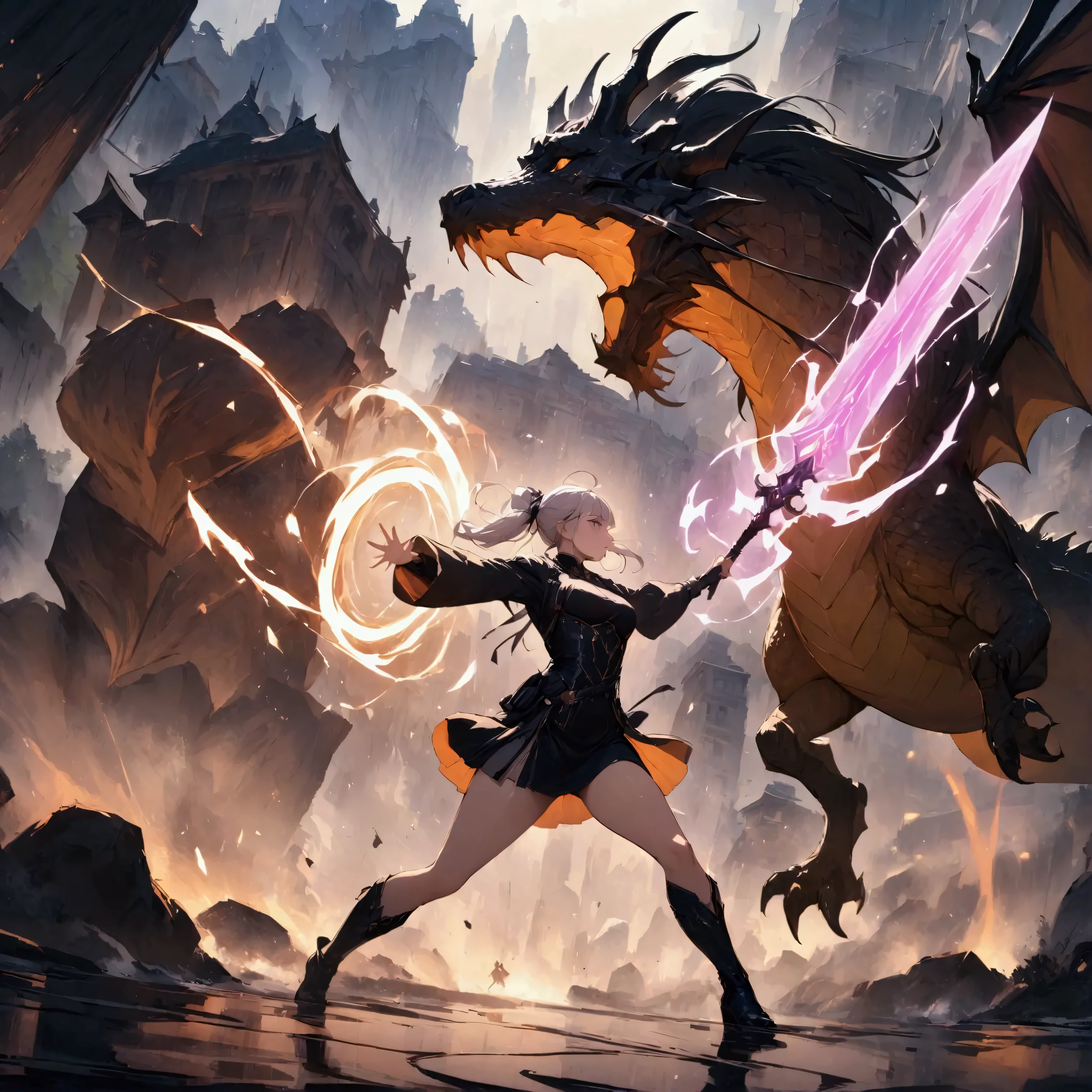 Battle between a dragon and a female magical swordsman who is imbued with magical powers　in a miniskirt,{{masterpiece}}, {{{Highest quality}}},{{Very detailed}},,Dynamic composition, action