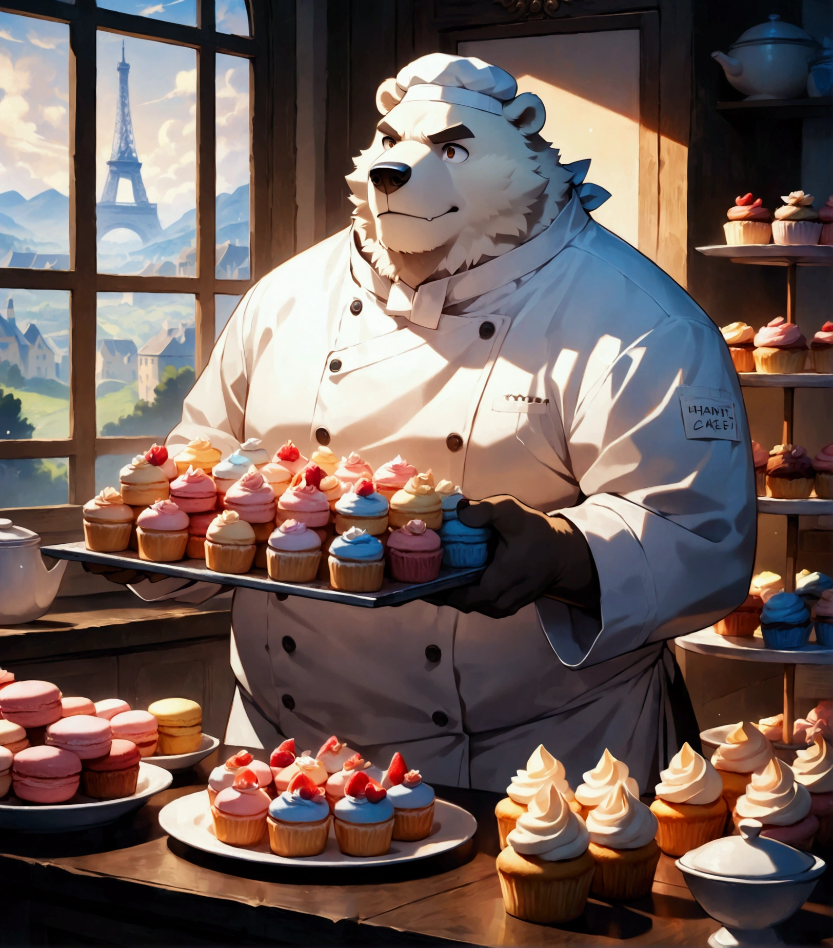 pastry chef, a plump middle-aged polar bear man, full body in Michelangelo Buonarroti style, digital illustration anime, character focus, full body, looking away, dynamic angle, BREAK happy, little smile, chef's hat, costume, boots, cook a cake, a beautiful pastel-colored patisserie, intricate and delicate cakes, delicate floral decorations, perfectly arranged dessert display, assorted fruits, sugar flowers, macarons, cupcakes, tarts, sweet treats, dynamic pose, detailed painting landscape, morning, patisserie, kitchen, indoor, france, BREAK complete anatomy, perfect proportions, beautiful thigh gap, fluffy body, intricate fur details, beautiful fur texture, BREAK detailed polar bear tail, detailed boots, BREAK detailed hands, 5fingers, 5fingers nails, BREAK aesthetic anime face, insanity detailed face, male face, big face, square jawline, aesthetic anime eyes, detailed brown eyes, detailed brown cornea, detailed dark brown irises, detailed pupils, male eyes, big eyes, male eyebrows, innocent look, beautiful beard, BREAK masterpiece, official art, best quality, very aesthetic, absurdres, super fine illustration, great quality, BREAK noise reduction, very highres, large filesize, high quality, 32K, 8k wallpaper, dynamic lighting, BREAK insanity detailed, ultra detailed, intricate details, extremely detailed, detailed texture, an extremely delicate and beautiful, full color, HDR, BREAK e621 uncut tag, Fur Affinity illustration, osukemo, kemohomo, anthropomorphic, furry, cartoon, harmonious, pastoral, virtuous