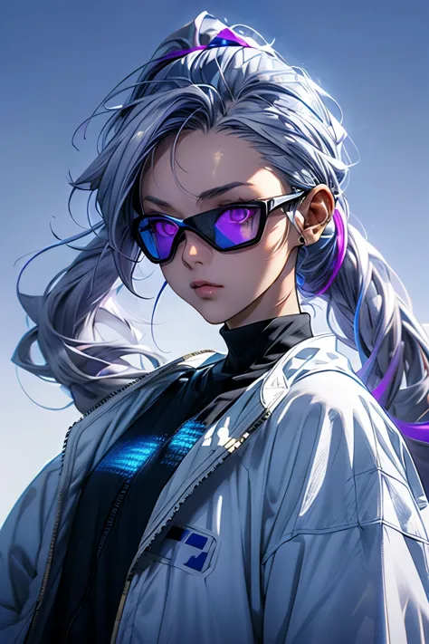 masterpiece, Best image quality, Extreme clarity, Anime girl with curly ponytail, Petite figure, White functional coat, small, Blue-purple gradient ski goggles, Cyberpunk, Gray Hair, Natural casual style, Dynamic Stance, Golden Section, Large aperture portrait, Cool Tones, Strong visual impact, blank, Light and shadow contrast, Super Texture, Afterglow of the Sunset, Extremely clear images, Simple picture